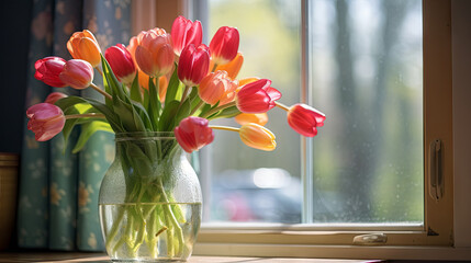 Bright bouquet of tulips on a table by the window