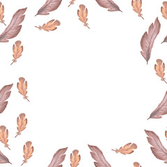 watercolor drawing in a warm beige shade frame of feathers with space for text feathers on a white background base for creativity mockup