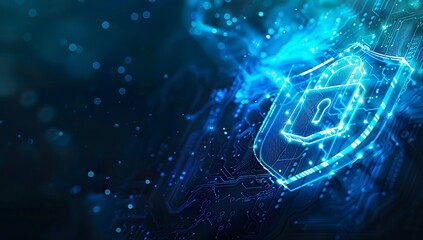A blue shield with a digital padlock and circuit board pattern, symbolizing the protection of data in cloud security. The background is dark to emphasize the cyber theme. There is an array of small wh