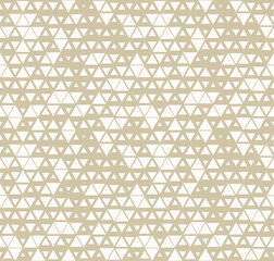 Golden vector seamless pattern with small triangles. Stylish modern background with halftone effect, randomly scattered shapes, diamonds, grid. Simple gold and white texture. Repeat luxury geo design
