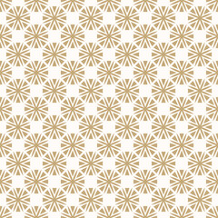 Vector golden geometric floral ornament. Abstract gold and white seamless pattern with simple flowers in modular grid. Stylish luxury background texture. Repeated design for print, fabric, decoration