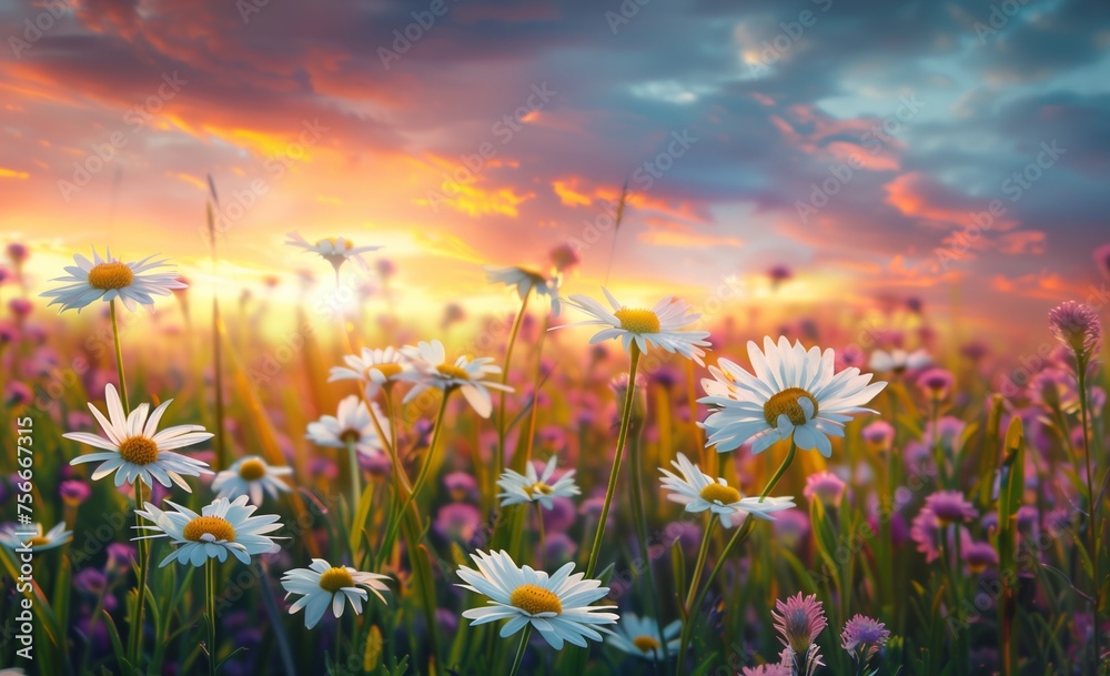 Sticker Sunset Dreams over a Wildflower Meadow: Idyllic Nature Scene for Calm and Healing Themes