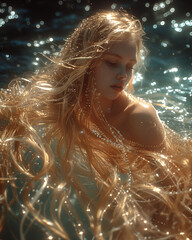 Obraz premium beautiful young woman mermaid in on sparkling background. Fantasy girl princess star in luxurious glamorous shining dress. girl in the water. brilliant light.