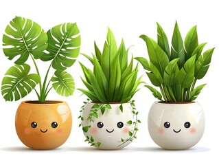 Vector Cute Plant in Pot Kawaii Character on White Background
