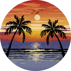 Retro sunset ocean side stylish t-shirt and apparel trendy design with palm trees silhouette, typography, print, vector illustration, t shirt