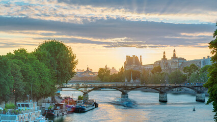 View to Pont des Arts in Paris at sunset timelapse, France