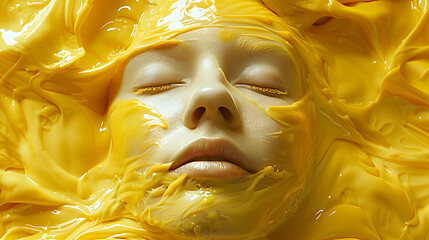 photo of. A front view of a human face emerging through dense, bright yellow, non-transparent latex. Full-frame image. Close-up
