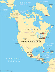 North America, political map. Continent bordered by South America, the Caribbean Sea, and by the Arctic, Atlantic and Pacific Ocean. The largest countries are Canada, the United States, and Mexico.