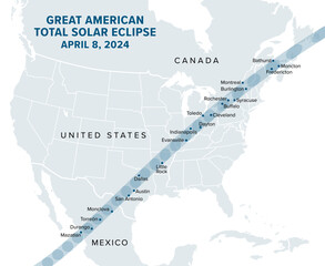 Great American Total Solar Eclipse, on April 8, 2024, political map. Major cities in the path of totality, visible across North America, passing over Mexico, the United States, and Canada. Vector. - obrazy, fototapety, plakaty