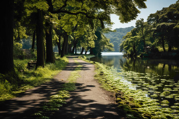 A tranquil road by a tranquil lake, surrounded by lush greenery and mirror-like reflections of the landscape on the calm water's surface.