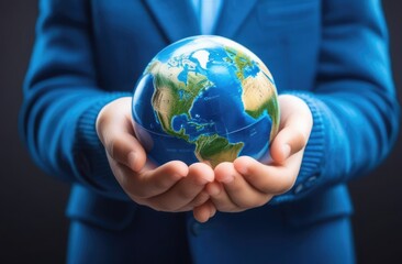 A person in a blue blazer holding a small globe gently in their hands against a dark background, symbolizing care for the environment and global responsibility