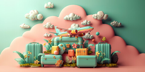 Whimsical travel-themed illustration featuring suitcases, a colorful airplane, and playful clouds. Generative AI.