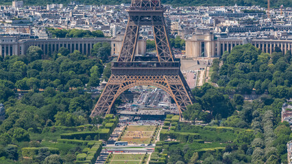 Aerial view from Montparnasse tower with Eiffel tower and Champ de Mars timelapse in Paris, France.