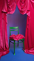 flower chair on blue background with theater curtain, spring decor