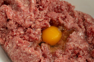 Raw minced meat with chicken egg, close-up