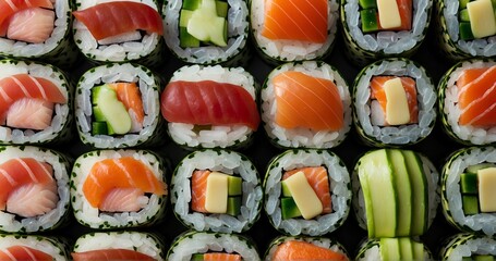 Compose an image focusing on the close-up details of various sushi rolls. Highlight the ultra-realistic textures of the seaweed, rice, and fresh fish, showcasing the meticulous precision-AI Generative