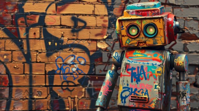 A vibrant robot with colorful patterns stands confidently in front of a weathered brick wall