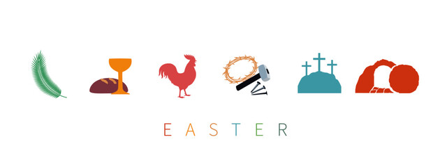 Easter Sunday christian holiday colored icons set in silhouettes. Icons design palm leaf, bread and bowl, cock, crown of thorns, hammer and nails, Calvary and tomb. Vector illustration