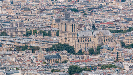 Top view of Paris skyline from observation deck of Montparnasse tower timelapse. Main landmarks of...