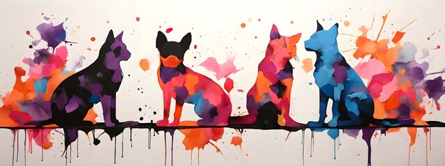 Colorful dog and cat paint silhouettes