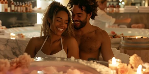 A couple relaxes in a luxury spa as a masseur prepares salt scrub . Concept Luxury Spa Experience, Salt Scrub Treatment, Relaxing Couples Massage, Pampering Session