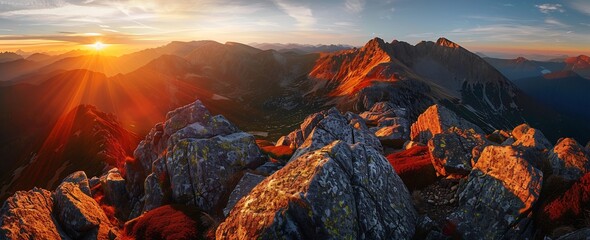 panoramic view of the Tatra Mountains at sunrise, in late summer, on top of the Morfa mountain, golden light, red rocks, rocks with green moss - obrazy, fototapety, plakaty