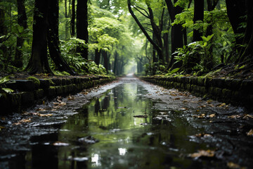 Fototapeta na wymiar Dense forest road during a gentle rain, with raindrops glistening on leaves, creating a serene and refreshing atmosphere in the heart of nature.