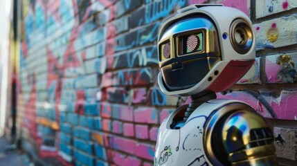 A robotic figure standing next to a vibrant graffiti-covered wall