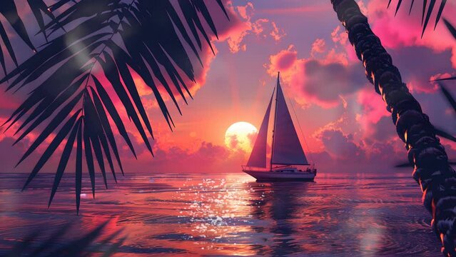 Sailboat navigating the ocean as the sun sets on the horizon. Seamless Looping 4k Video Animation