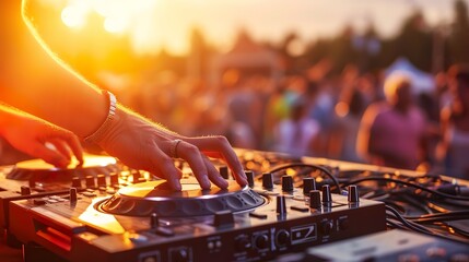 DJ is mixing music with deejay controller at outdoor summer pool or beach party - nightlife people...