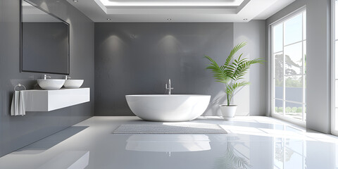 Fototapeta premium Modern white bath with wooden small table on light glossy floor and grey wall background