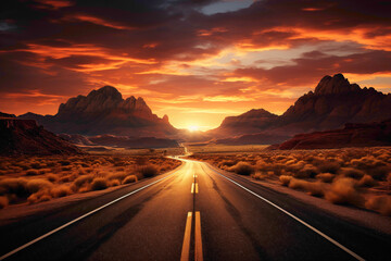 Desert highway at sunset, with the sky ablaze in warm hues, casting long shadows across the arid landscape, creating a mesmerizing scene. - obrazy, fototapety, plakaty