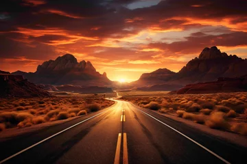 Rolgordijnen Desert highway at sunset, with the sky ablaze in warm hues, casting long shadows across the arid landscape, creating a mesmerizing scene. © Haider