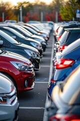Vertical view of the space between many cars parked front to back in a parking lot