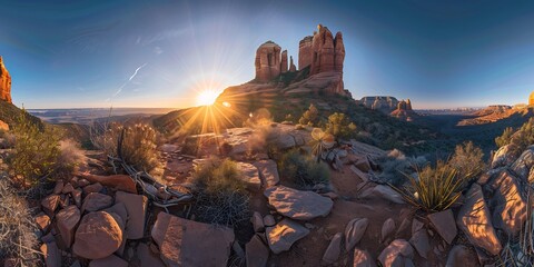 panoramic view of cathedral rock in arizona at sunrise, beautiful sun rays illuminate the landscape, high resolution photography captures the scene - obrazy, fototapety, plakaty
