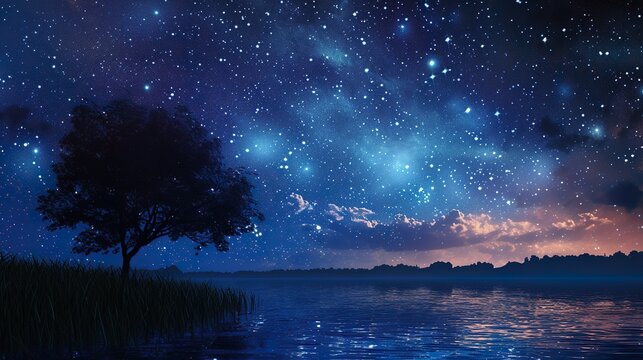 Sky background at night with bright stars The image of the dark sky filled with stars is beautiful and magical. Simulated and realistic images of memories of a night with a hazy sky and bright stars.