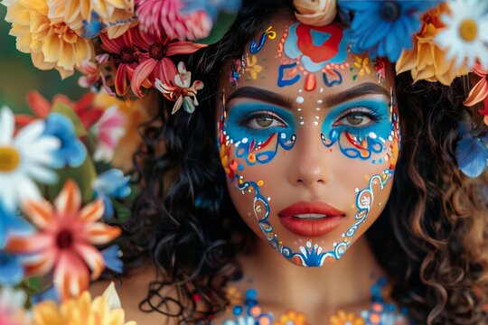 A woman with colorful flowers in her hair and face paint, a photo of one of the most beautiful women