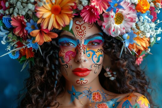 A woman with colorful flowers in her hair and face paint, a photo of one of the most beautiful women