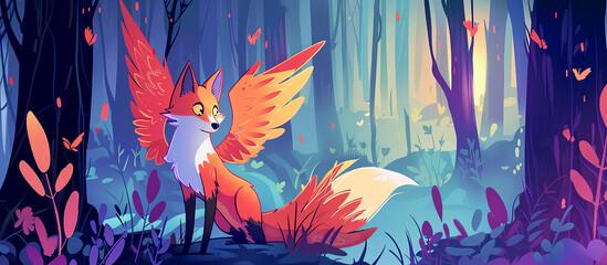 Illustration of  surpised fox with wings in the magic forest. Bibi from Asian Mythology.