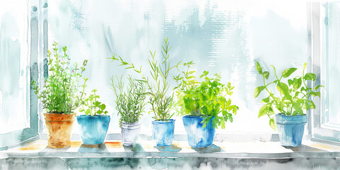 Kitchen herbs garden near window. Watercolor horizontal illustration. Panorama