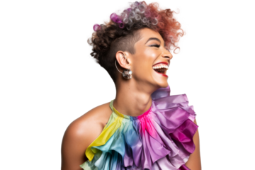 Portrait shot of Young joyful Gay man with colorful lgbt dress isolated on transparent background, Gay transgender smile and posing with trendy lifestyle.