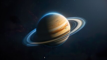 Landscape with Saturn planet in sky with stars. Fantasy space wallpaper with planet over the land. Sci-fi.