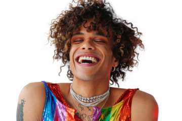 Portrait shot of Young joyful Gay man with colorful lgbt dress isolated on transparent background, Gay transgender smile and posing with trendy lifestyle.