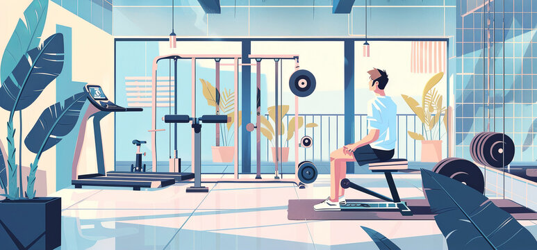 Man in fitness center just started workout. Gym equipment illustration. Healthy lifestyle banner.