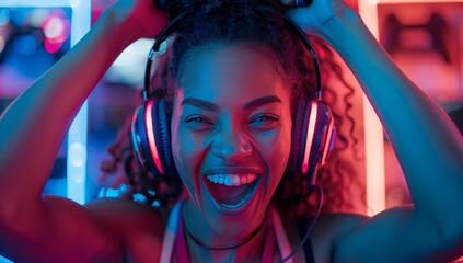 A young woman is laughing and celebrating while playing video games in an esports room, illuminated...
