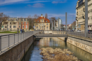 Pleißemühlgraben vor dem Bundesverwaltungsgericht, Fluss in der Leipziger Innenstadt, Leipzig,...