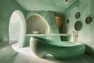 Green and white minimalist bathroom, with organic shapes and sustainable design