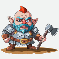 Fairytale bearded gnome with a blue beard in armor and with an ax isolated on a white background. - 756670392