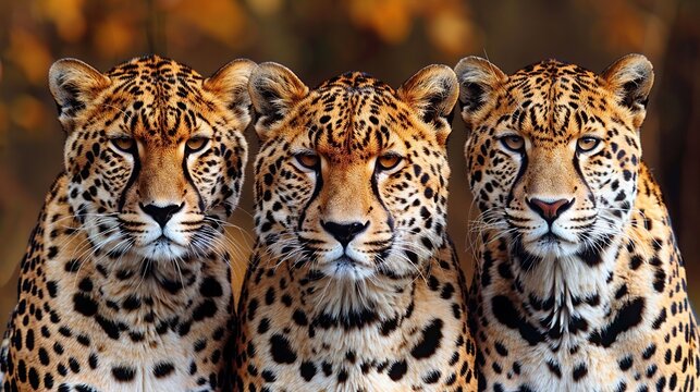 Close-up photo of three cheetahs looking forwards.