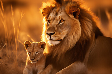 Lion with lion cub resting together at savanna grassland in the evening, lovely lion family,...
